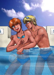 Rule 34 | 2boys, blonde hair, blue eyes, blue male swimwear, blue sky, blue swim briefs, brown eyes, cloud, club z, feet out of frame, goggles, goggles around neck, lens flare, looking at another, looking to the side, male swimwear, multiple boys, muscular, one eye closed, open mouth, orange hair, original, outdoors, partially submerged, pool, sky, starting block, swim briefs, swimsuit, water, yaoi