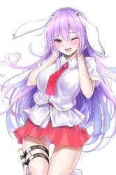 Rule 34 | 1girl, ;d, animal ears, blush, gluteal fold, hands on own cheeks, hands on own face, highres, long hair, looking at viewer, necktie, one eye closed, open mouth, purple hair, rabbit ears, red eyes, red necktie, red skirt, reisen udongein inaba, short sleeves, simple background, skirt, smile, solo, touhou, upskirt, very long hair, white background, wing collar, xialuluo (sharuro)