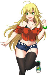 Rule 34 | 1girl, ahoge, blonde hair, breasts, cleavage, green eyes, hoshii miki, idolmaster, idolmaster (classic), jewelry, long hair, looking at viewer, marubonman, medium breasts, navel, open mouth, shoes, simple background, smile, sneakers, solo, thighhighs, white background