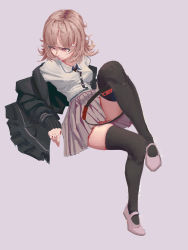 Rule 34 | 1girl, absurdres, black jacket, black shirt, black thighhighs, breasts, brown hair, closed mouth, collared shirt, commentary request, da ada, danganronpa (series), danganronpa 2: goodbye despair, dress shirt, full body, grey background, hair ornament, hairclip, highres, jacket, joy-con, long sleeves, looking at viewer, looking to the side, lying, medium breasts, nanami chiaki, off shoulder, on back, pink eyes, pink footwear, pleated skirt, ring-con, shirt, shirt tucked in, shoes, short hair, simple background, sketch, skirt, solo, thighhighs, white shirt, zettai ryouiki