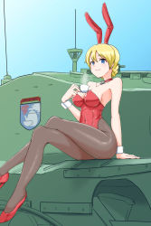 Rule 34 | 1girl, absurdres, animal ears, bare shoulders, black pantyhose, blonde hair, blue eyes, braid, breasts, choker, churchill (tank), closed mouth, commentary, covered navel, crossed legs, cup, darjeeling (girls und panzer), emblem, fake animal ears, girls und panzer, heart, heart choker, high heels, highres, holding, holding cup, legs, leotard, looking at viewer, medium breasts, military, military vehicle, motor vehicle, nyang-kaz, on vehicle, pantyhose, playboy bunny, rabbit ears, red choker, red footwear, red leotard, short hair, sitting, smile, solo, st. gloriana&#039;s (emblem), strapless, strapless leotard, stream, tank, teacup, thighs, twin braids, wrist cuffs