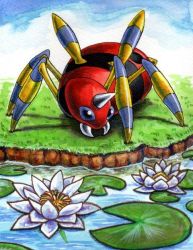Rule 34 | ariados, bug, commentary request, creatures (company), flower, game freak, gen 2 pokemon, grass, horns, itou masanori, lily pad, looking down, nintendo, no humans, pokemon, pokemon (creature), single horn, solo, spider, standing, tusks, water, white flower