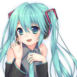 Rule 34 | 1girl, bad id, bad pixiv id, detached sleeves, green eyes, green hair, hatsune miku, headset, matching hair/eyes, necktie, open mouth, simple background, solo, twintails, vocaloid, white background, yumesaki nana