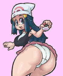 Rule 34 | 1girl, absurdres, ass, ass focus, blue eyes, blue hair, blush, breasts, cowboy shot, creatures (company), dawn (pokemon), from behind, game freak, hat, highres, holding, holding poke ball, huge ass, large breasts, long hair, looking back, lotikmac, miniskirt, nintendo, open mouth, panties, pink background, pink skirt, poke ball, poke ball (basic), pokemon, pokemon dppt, shiny skin, simple background, skirt, sleeveless, smile, solo, standing, underwear, white hat, white panties, wide hips