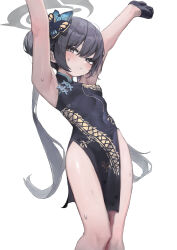 Rule 34 | 1girl, absurdres, armpits, arms up, black dress, black gloves, black hair, blue archive, blue eyes, blush, breasts, china dress, chinese clothes, clenched hand, covered navel, dragon print, dress, gloves, hair bun, hair ornament, halo, highres, hwoi (hw 123), kisaki (blue archive), looking at viewer, simple background, single hair bun, sleeveless, sleeveless dress, small breasts, solo, sweat, twintails, white background