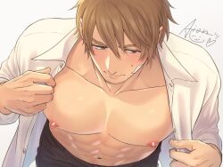 Rule 34 | 1boy, abs, aion kiu, bara, beard, black pants, blush, brown eyes, brown hair, closed mouth, clothes grab, collarbone, copyright request, facial hair, looking down, male focus, navel, nipples, open clothes, open shirt, pants, patch, pectorals, short hair, simple background, sweatdrop, upper body, white background