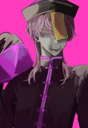 Rule 34 | 1boy, 2ki tsuki, bad id, bad twitter id, blue eyes, chinese clothes, eyelashes, hand up, hat, highres, jiangshi, long hair, looking at viewer, male focus, ofuda, pink background, pink hair, qingdai guanmao, sanzu haruchiyo, scar, scar on face, simple background, sleeves past wrists, solo, tokyo revengers, tongue, tongue out, upper body