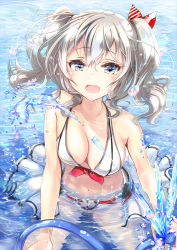 Rule 34 | 10s, 1girl, bikini, blue eyes, breasts, hose, kantai collection, kashima (kancolle), keepout, long hair, navel, open mouth, silver hair, smile, solo, soramu, swimsuit, twintails, water, wavy hair