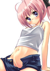 Rule 34 | 1girl, antenna hair, arm support, blue eyes, blush, breasts, camisole, covered erect nipples, groin, midriff, nanashi (soregashi), navel, no panties, open fly, original, pink hair, ponytail, short shorts, shorts, simple background, sitting, small breasts, solo, unzipped