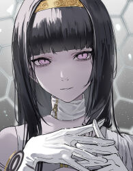 Rule 34 | 1girl, absurdres, black eyes, black hair, blunt bangs, closed mouth, detached collar removed, dress, eyelashes, gloves, gnosia, hairband, highres, hime cut, long hair, looking at viewer, rerendi, smile, solo, straight hair, white dress, white gloves, yuriko (gnosia)