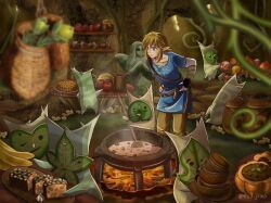 Rule 34 | 1boy, 6+others, banana, blonde hair, blue eyes, blue tunic, blurry, blurry foreground, brown pants, cauldron, cooking, creature, earrings, fingerless gloves, food, fruit, gloves, grey shirt, hair between eyes, hand on own hip, highres, indoors, jewelry, korok, link, low ponytail, medium hair, multiple others, nintendo, pants, pointy ears, shi3 jimo, shirt, sidelocks, the legend of zelda, the legend of zelda: breath of the wild, twitter username