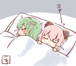 Rule 34 | 2girls, = =, artist name, assault lily, blanket, blush, bow hairband, chibi, closed eyes, closed mouth, commentary request, endou araya, gochisousama (tanin050), green hair, grey background, hair between eyes, hair ribbon, hairband, hairpods, hands up, long hair, lying, multiple girls, on back, on side, pillow, pink hair, profile, ribbon, side-by-side, sleeping, smile, tanaka ichi, translated, two-tone background, under covers, wavy mouth, white background, white hairband, white ribbon