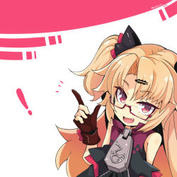 Rule 34 | !, 1girl, :d, akatsuki uni, black dress, blonde hair, brown gloves, character name, dress, fang, glasses, gloves, hair between eyes, hair ornament, hairclip, hand up, index finger raised, long hair, looking at viewer, ogami kazuki, open mouth, parted bangs, partially fingerless gloves, red-framed eyewear, red eyes, semi-rimless eyewear, sleeveless, sleeveless dress, smile, solo, two side up, under-rim eyewear, uni create, very long hair, virtual youtuber, zipper pull tab