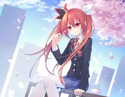 Rule 34 | 1girl, absurdres, black jacket, black ribbon, blazer, blue skirt, blue sky, building, candy, cherry blossoms, cityscape, cloud, cloudy sky, commentary request, date a live, day, food, hair between eyes, hair ribbon, highres, holding, holding candy, holding food, holding lollipop, itsuka kotori, jacket, lollipop, long hair, looking at viewer, miniskirt, mo (pixiv9929995), on railing, outdoors, pantyhose, pleated skirt, railing, red eyes, red hair, ribbon, school uniform, shirt, sitting, skirt, sky, skyscraper, smile, solo, twintails, very long hair, white pantyhose, white ribbon, white shirt