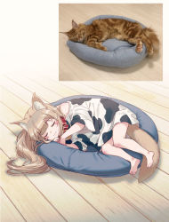 Rule 34 | 1girl, 40hara, :3, animal collar, animal ear fluff, animal ears, animal print, barefoot, blonde hair, blunt bangs, blush stickers, cat, cat ears, cat tail, closed eyes, collar, cow print, highres, kinako (40hara), long hair, mixed-language commentary, original, oversized clothes, oversized shirt, pet bed, photo-referenced, photo inset, red collar, shirt, sleeping, solo, t-shirt, tail, wooden floor