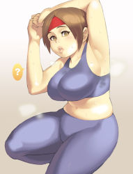Rule 34 | 1girl, armpits, bad id, bad pixiv id, belly, breasts, brown eyes, brown hair, headband, huge breasts, maou alba, plump, ryuuko no ken, smell, solo, spandex, stretching, sweat, tank top, the king of fighters, thick thighs, thighs, yuri sakazaki