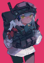 Rule 34 | 1girl, absurdres, backpack, bag, black pantyhose, blue hair, chinese commentary, commentary request, cowboy shot, cross hair ornament, girls&#039; frontline, gloves, goggles, goggles on headwear, hair ornament, helmet, highres, hk416 (fang) (girls&#039; frontline), hk416 (girls&#039; frontline), jacket, light blush, load bearing vest, long hair, looking at viewer, mask, mask around neck, pantyhose, parted lips, pink background, red gloves, respirator, simple background, solo, tactical clothes, teardrop facial mark, tom clancy&#039;s the division, watch, white jacket, wristwatch, yellow eyes, zygocactus