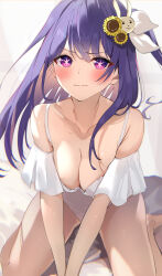 Rule 34 | 1girl, absurdres, blush, breasts, cleavage, closed mouth, collarbone, flower, hair flower, hair ornament, highres, hoshino ai (oshi no ko), kneeling, medium breasts, one-piece swimsuit, oshi no ko, purple eyes, purple hair, rabbit hair ornament, solo, star-shaped pupils, star (symbol), sunflower, swimsuit, symbol-shaped pupils, thighs, v-shaped eyebrows, white one-piece swimsuit, yamamoto (ymmt is sexy)