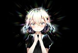 Rule 34 | androgynous, bad id, bad pixiv id, black necktie, black shirt, blush, closed mouth, collared shirt, diamond (houseki no kuni), gender request, grey eyes, hair between eyes, hands up, houseki no kuni, kurut, looking at viewer, multicolored hair, necktie, own hands together, shirt, short hair, short sleeves, silver hair, smile, solo, white shirt
