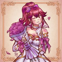 Rule 34 | 1girl, anna (fire emblem), bouquet, bow, breasts, bridal veil, choker, cleavage, commission, cowboy shot, cropped legs, dress, elbow gloves, finger to mouth, fire emblem, fire emblem heroes, flower, gloves, hair flower, hair ornament, heart, highres, medium breasts, nintendo, one eye closed, petals, pink bow, red eyes, red hair, rose, rose petals, smile, solo, strapless, strapless dress, thaumana, veil, wedding dress, white choker, white dress, white gloves