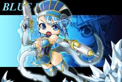 Rule 34 | 10s, 1girl, bare shoulders, blue eyes, blue hair, blue rose (tiger &amp; bunny), boots, breasts, chibi, cleavage, crystal, dual wielding, earrings, elbow gloves, gloves, gun, hat, holding, jewelry, karina lyle, letterboxed, lipstick, makeup, matching hair/eyes, memento vivi, short hair, small breasts, solo, superhero costume, thigh boots, thighhighs, tiger &amp; bunny, weapon, zoom layer