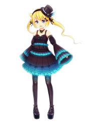 Rule 34 | 1girl, absurdres, black bow, black footwear, black hat, black pantyhose, black ribbon, blonde hair, blush, bow, detached sleeves, fang, fukuro daizi, full body, hair ribbon, hat, highres, long sleeves, looking at viewer, open mouth, original, pantyhose, ribbon, shoes, simple background, sleeves past wrists, smile, solo, top hat, twintails, white background