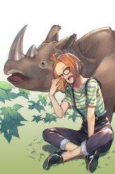 Rule 34 | 1girl, bangs pinned back, brown hair, burger, commentary request, eating, food, full body, glasses, grass, green shirt, hair ornament, head tilt, horns, kotoribako, leaf, looking at viewer, nail polish, on ground, original, rhinoceros, shirt, shoes, short hair, single horn, sitting, striped clothes, striped shirt, suspenders, teeth, white shirt, yellow eyes, yellow nails