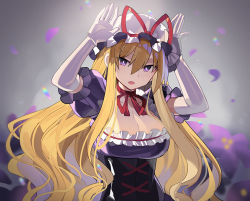 Rule 34 | 1girl, blonde hair, breasts, cleavage, collarbone, cross-laced clothes, dress, duplicate, elbow gloves, falken (yutozin), gloves, hair between eyes, hands up, hat, hat ribbon, large breasts, long hair, mob cap, open mouth, pixel-perfect duplicate, puffy short sleeves, puffy sleeves, purple dress, purple eyes, rabbit pose, red ribbon, ribbon, short sleeves, solo, touhou, upper body, white gloves, white hat, yakumo yukari