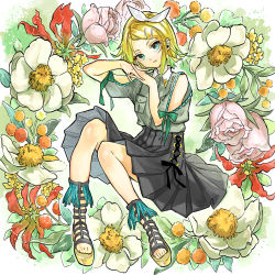Rule 34 | 1girl, aqua eyes, black skirt, blonde hair, breast pocket, clothing cutout, commentary, floral background, flower, flower request, full body, gladiator sandals, green shirt, hair ornament, hairclip, head tilt, interlocked fingers, kagamine rin, light smile, looking at viewer, open mouth, own hands together, pink flower, pleated skirt, pocket, puffy sleeves, red flower, sandals, shirt, short hair, short sleeves, shoulder cutout, skirt, swept bangs, vocaloid, white flower, whiteskyash