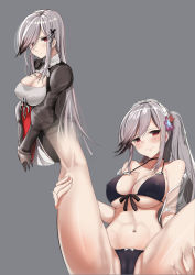 Rule 34 | 1girl, alternate costume, anchor symbol, ascot, azur lane, bikini, blush, breasts, cameltoe, choker, cleavage, cleavage cutout, closed mouth, clothing cutout, covered erect nipples, dunkerque (azur lane), dunkerque (summer sucre) (azur lane), eyes visible through hair, flower, front-tie top, grey background, grey hair, hair flower, hair ornament, hairband, headdress, highres, holding legs, jacket, large breasts, light smile, long hair, looking at viewer, multiple views, navel, own hands together, pink eyes, ponytail, purple bikini, pussy, pussy peek, schreibe shura, shawl, sidelocks, simple background, sitting, skindentation, spread legs, stomach, swimsuit, thighs