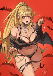 1girl absurdres bare_shoulders blonde_hair blush breasts cleavage deliciousbrain earrings fangs highres jewelry large_breasts long_hair looking_at_viewer mythra_(xenoblade) navel revealing_clothes solo swept_bangs tiara vampire very_long_hair xenoblade_chronicles_(series) xenoblade_chronicles_2 yellow_eyes