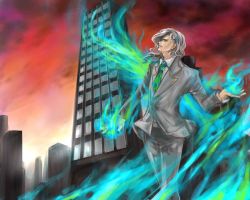 Rule 34 | 10s, 1boy, blue fire, dkuwui, fire, formal, green fire, green flame, grey hair, hair ornament, hairclip, lips, long hair, male focus, necktie, outdoors, pale skin, ponytail, pyrokinesis, sky, solo, suit, tiger &amp; bunny, yuri petrov