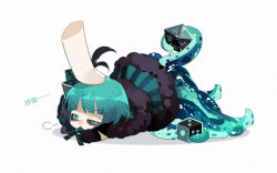 Rule 34 | 1boy, 21 ke, aqua eyes, aqua hair, black gloves, blue capelet, blunt bangs, capelet, chibi, chinese commentary, colored sclera, dice, disembodied limb, full body, fur-trimmed capelet, fur trim, gloves, holding dice, looking at viewer, looking up, lying, male focus, mini person, miniboy, monster boy, octopus boy, on stomach, original, puff of air, red sclera, short hair, simple background, solo, suction cups, tentacles, white background