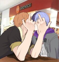 Rule 34 | 2boys, adair (juicelooped), aoyagi touya, blue hair, blush, commentary, covered face, dark blue hair, double middle finger, fingernails, highres, hood, hood down, hooded jacket, jacket, jewelry, kiss, male focus, middle finger, mole, mole under eye, multicolored hair, multiple boys, necklace, one eye closed, open clothes, open jacket, orange hair, project sekai, shinonome akito, sleeves rolled up, split-color hair, symbol-only commentary, two-tone hair, upper body, yaoi
