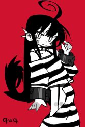 Rule 34 | 1girl, absurdres, adpx, ahoge, black hair, blush, clothing cutout, collar, collarbone, commentary, copyright name, cuffs, flipped hair, glaring, greyscale with colored background, hacchi (q.u.q.), hand up, highres, huge ahoge, leaning back, leg cutout, long hair, looking at viewer, off-shoulder jumpsuit, open mouth, prison clothes, q.u.q., red background, ringed eyes, sanpaku, shackles, sidelocks, simple background, solo, spaghetti strap, spiked collar, spiked ear piercing, spikes, striped, v-shaped eyebrows