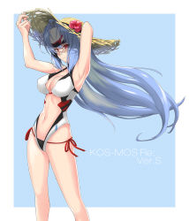 Rule 34 | 1girl, android, bikini, blue hair, breasts, character name, dong zhi qiong, forehead protector, hat, kos-mos, kos-mos re:, large breasts, long hair, looking away, navel, nintendo, red eyes, smile, solo, sun hat, swimsuit, very long hair, xenoblade chronicles (series), xenoblade chronicles 2, xenoblade chronicles (series), xenoblade chronicles 2, xenosaga