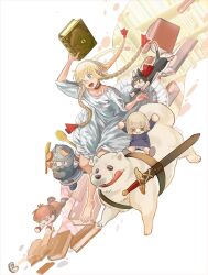 Rule 34 | 1girl, aged down, animalization, barefoot, blonde hair, book, braid, cat, character doll, commentary, dog, doll, dress, dungeon meshi, edo mond (edoedoedomond), elf, english commentary, green eyes, long hair, marcille donato, pointy ears, sheath, sheathed, sword, weapon, white background, white dress
