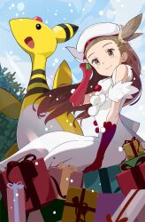 Rule 34 | 1girl, absurdres, ampharos, arm support, box, brown eyes, brown hair, christmas, closed mouth, commentary request, creatures (company), day, dress, fujiwara echi, game freak, gen 2 pokemon, gift, gift box, gloves, hand up, hat, highres, jasmine (holiday 2022) (pokemon), jasmine (pokemon), long hair, nintendo, official alternate costume, one side up, outdoors, pokemon, pokemon (creature), pokemon masters ex, red gloves, sitting, sleeveless, sleeveless dress, smile, snowing, white dress, white headwear