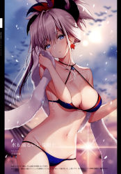 Rule 34 | 1girl, absurdres, bare shoulders, bikini, blue eyes, blurry, blush, breasts, cleavage, collarbone, earrings, fate/grand order, fate (series), hair ornament, halterneck, head tilt, highres, holding, huge filesize, jewelry, long hair, magatama, medium breasts, miyamoto musashi (fate), navel, necomi, parted lips, scan, solo, stomach, swimsuit, towel, water, water drop, white towel