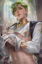 Rule 34 | 1boy, bich hoan, book, chain, earrings, gem, gloves, green eyes, green hair, highres, holding, holding book, jewelry, long sleeves, looking at viewer, male focus, navel piercing, nu carnival, olivine (nu carnival), open book, parted lips, piercing, short hair, white gloves
