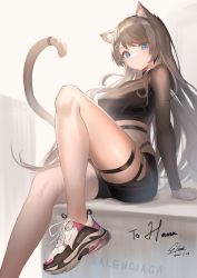 Rule 34 | 1girl, animal ear fluff, animal ears, black shorts, blue eyes, breasts, brown hair, cat ears, cat tail, commentary, commission, crop top, hair ornament, heart, heart hair ornament, highres, indie virtual youtuber, ioriwu8, leg lift, long hair, long sleeves, medium breasts, sakurai hana, shoes, shorts, sitting, skeb commission, sneakers, solo, swept bangs, tail, thigh strap, very long hair, virtual youtuber, whale tail (clothing)