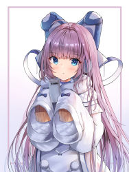 Rule 34 | 1girl, absurdres, ahoge, azur lane, blue bow, blue eyes, blunt bangs, blush, bow, cellphone, coat, hair bow, highres, long hair, long sleeves, looking at viewer, parted lips, phone, pom pom (clothes), purple bow, purple hair, sleeves past fingers, sleeves past wrists, smartphone, sob (submar1089), straight hair, tashkent (azur lane), two-tone background, upper body, very long hair, white background, white coat, winter clothes, winter coat