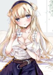 Rule 34 | 1girl, alternate costume, belt, black hairband, blonde hair, blouse, blue eyes, blue skirt, breasts, chigasaki yukari, cleavage, commentary request, cowboy shot, cup, double bun, fletcher (kancolle), fletcher mk ii (kancolle), hair bun, hair ornament, hairband, highres, kantai collection, large breasts, long hair, looking at viewer, off shoulder, parted lips, school uniform, serafuku, shirt, skirt, solo, star (symbol), star hair ornament, teacup, white shirt
