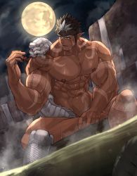 Rule 34 | 1boy, abs, bara, beard, bellsaltr, biceps, brown hair, completely nude, convenient leg, facial hair, full moon, highres, large pectorals, long sideburns, male focus, mature male, moon, multicolored hair, muscular, muscular male, navel, nipples, nude, partially submerged, pectorals, short hair, sideburns, sitting, snake, solo, spiked hair, steam, stomach, tangaroa (housamo), tattoo, tokyo houkago summoners, tribal, tribal tattoo, two-tone hair, wet, white hair, white snake, yellow eyes