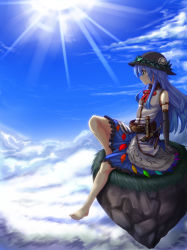 Rule 34 | 1girl, a9b (louis814), adapted costume, arm support, barefoot, belt, black dress, black gloves, black hat, blue dress, blue hair, cloud, cloudy sky, day, dress, elbow gloves, emblem, food, from side, fruit, gloves, hat, hinanawi tenshi, keystone, knife, leaning back, light smile, long hair, peach, rainbow gradient, red eyes, red ribbon, ribbon, sitting, sky, sleeveless, sleeveless dress, solo, sun, sunlight, touhou, wreath