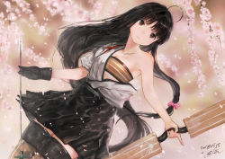 Rule 34 | 1girl, ahoge, armpits, bandeau, bare shoulders, black hair, black skirt, blunt bangs, bow, bow (weapon), breasts, brown eyes, brown thighhighs, cherry blossoms, cleavage, closed mouth, collarbone, dated, floating hair, hadanugi dousa, hair bow, hair ribbon, hakama, hakama short skirt, hakama skirt, headband, holding, holding bow (weapon), holding weapon, japanese clothes, kantai collection, kimono, long hair, looking afar, low-tied long hair, medium breasts, off shoulder, open clothes, open kimono, pink bow, pleated skirt, ribbon, shouhou (kancolle), sidelocks, signature, skirt, solo, thighhighs, toka (marchlizard), weapon, wind, wind lift, zettai ryouiki