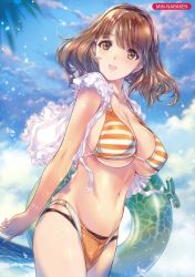 Rule 34 | 1girl, absurdres, artist name, bikini, blue sky, breasts, brown eyes, brown hair, cleavage, cloud, copyright request, cowboy shot, crop top, day, highres, holding, holding swim ring, innertube, large breasts, looking at viewer, melonbooks, min-naraken, navel, ocean, open clothes, open mouth, outdoors, palm tree, shirt, short hair, short sleeves, sky, smile, solo, standing, stomach, striped bikini, striped clothes, swim ring, swimsuit, transparent, tree, water, water drop, white shirt, wind