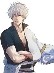 Rule 34 | 1boy, 2 o tori, black jacket, closed mouth, collarbone, crossed arms, gintama, grey hair, highres, jacket, light smile, male focus, pectoral cleavage, pectorals, red eyes, robe, sakata gintoki, short sleeves, simple background, solo, twitter username, white background, white robe