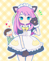 Rule 34 | 1boy, 1girl, :3, :d, alternate costume, animal ears, animal hands, apron, ayu (mog), black dress, blue eyes, blush, brown hair, cat ears, cat tail, closed eyes, cowboy shot, dress, enmaided, gloves, hand up, hashimoto nyaa, heart, heart in mouth, interlocked fingers, kemonomimi mode, long hair, looking at viewer, maid, maid apron, maid headdress, matsuno choromatsu, multicolored hair, notice lines, open mouth, osomatsu-kun, osomatsu-san, osomatsu (series), paw gloves, pink hair, puffy short sleeves, puffy sleeves, short sleeves, smile, solo focus, standing, streaked hair, tail, yellow background