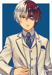 Rule 34 | 1boy, blue background, blue eyes, blue necktie, blue shirt, boku no hero academia, border, burn scar, collared shirt, expressionless, facing viewer, formal, grey eyes, hair between eyes, heterochromia, jacket, kadeart, lapel pin, long bangs, looking to the side, male focus, multicolored hair, necktie, pocket square, red hair, scar, scar on face, shirt, short hair, simple background, solo, suit, todoroki shouto, twitter username, two-tone background, two-tone hair, upper body, waistcoat, white border, white hair, white jacket, white suit, wing collar